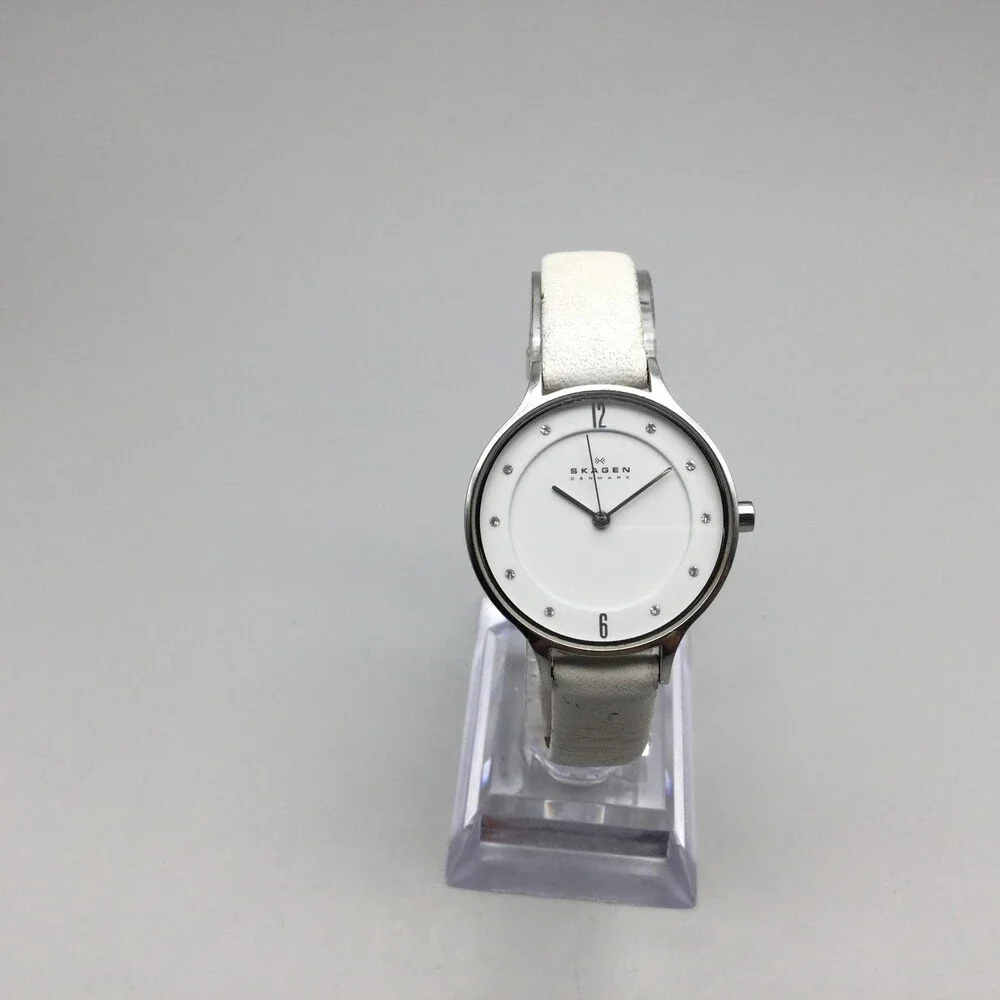 Skagen Watch Womens 30mm Silver Tone White Leather 358SSSD SKW2145 New Battery